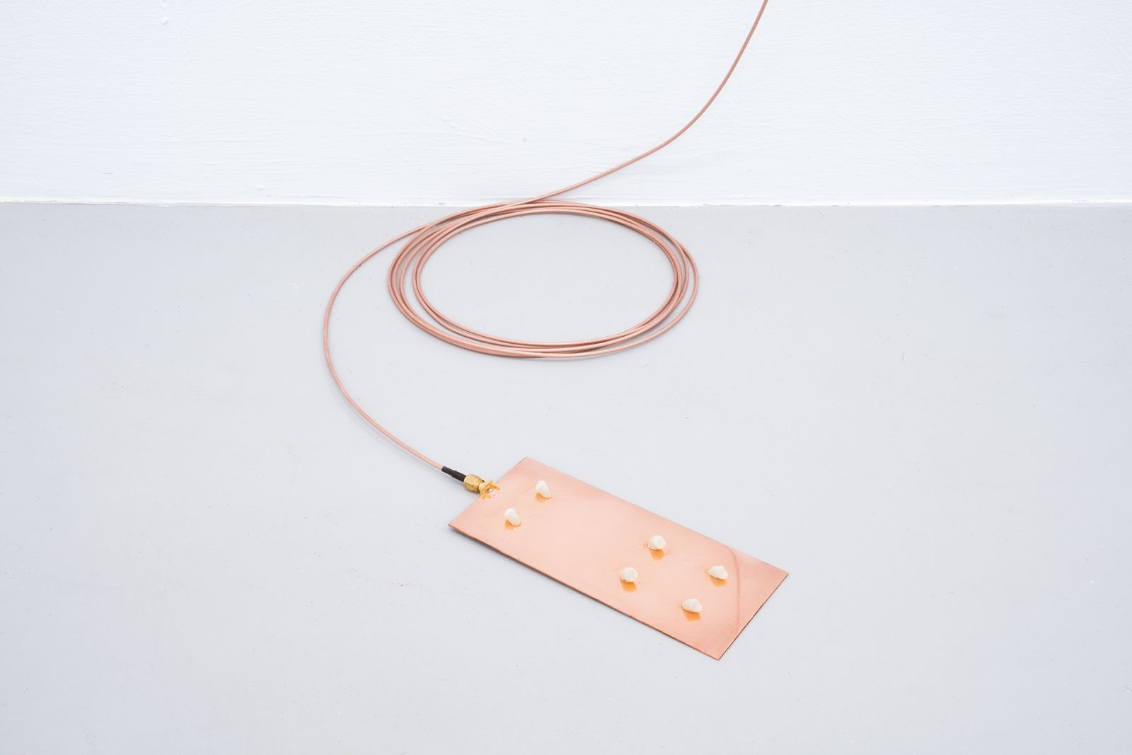 a copper plate with fake teeth is attached to a copper wire that spools around and then goes up