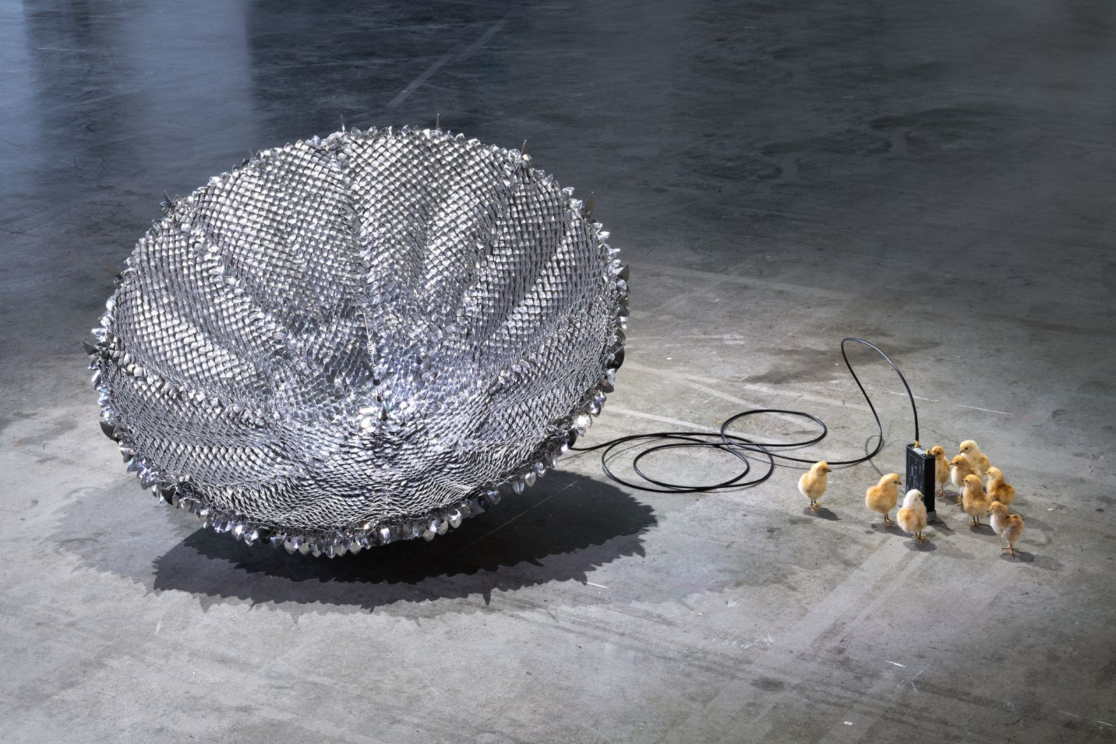 a scalemail satelite dish on a concrete floor
