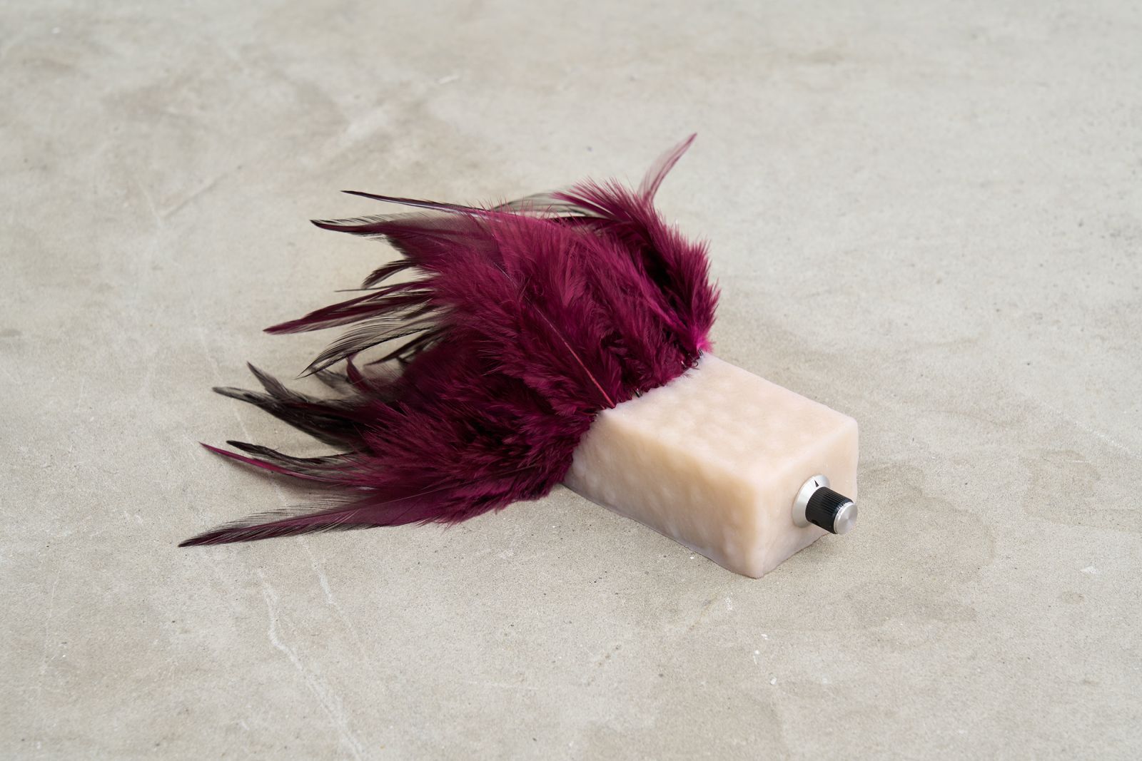 a small silicon sculpture with feathers and a twist-knob, the silicone is moulded to look like poultry skin